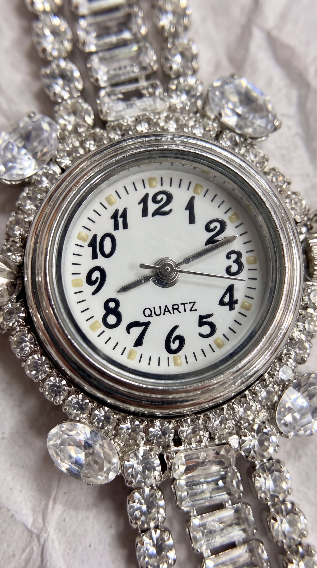 Silver Crystal Studded Bracelet Watch With Bell Charms