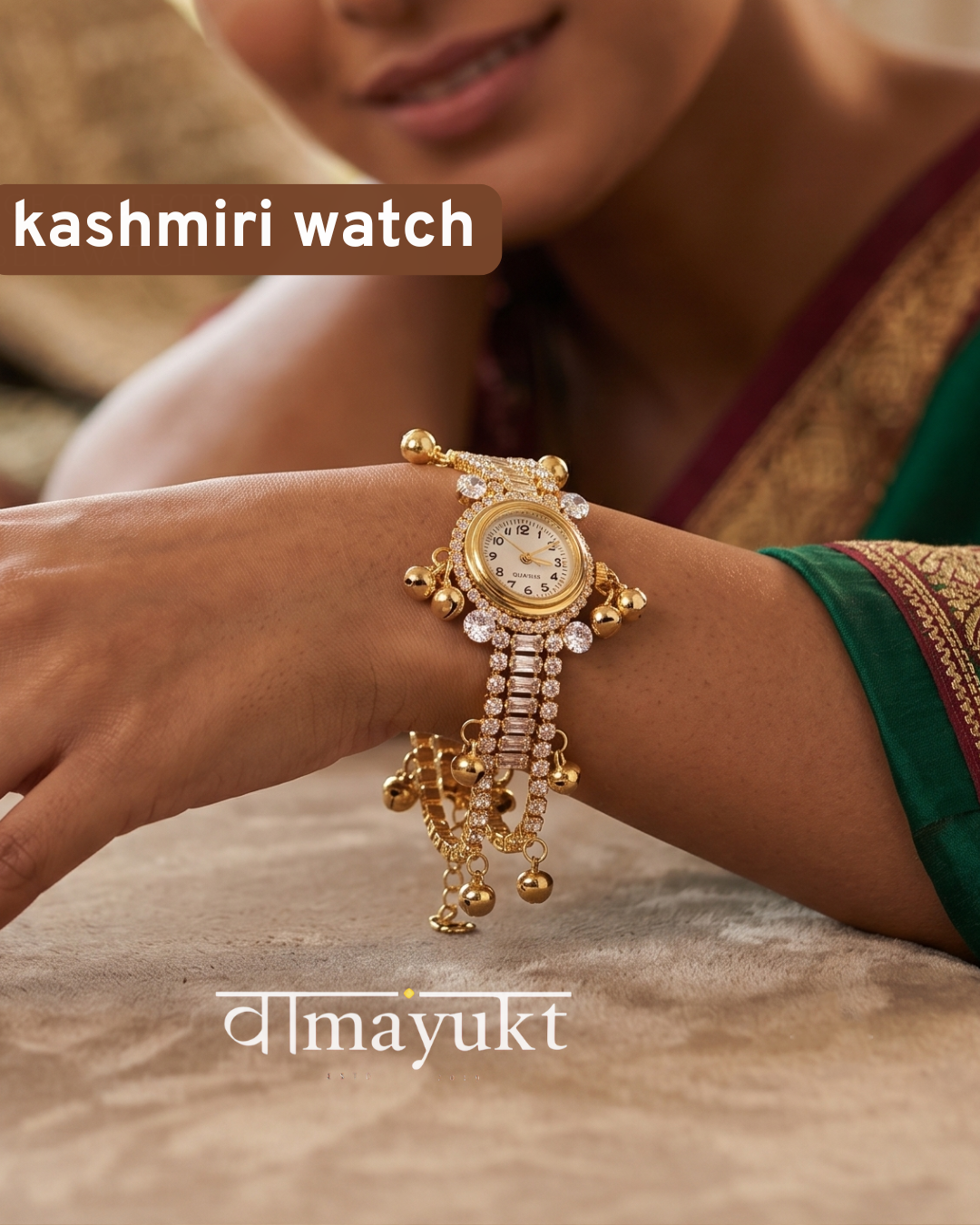 Premium Gold Crystal Studded Bracelet Watch With Bell Charms