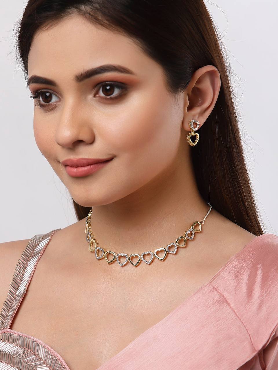 Studded Heart Choker Necklace Double Tone | American Diamond | Small Size | Fine Design Jewelry & Accessories |