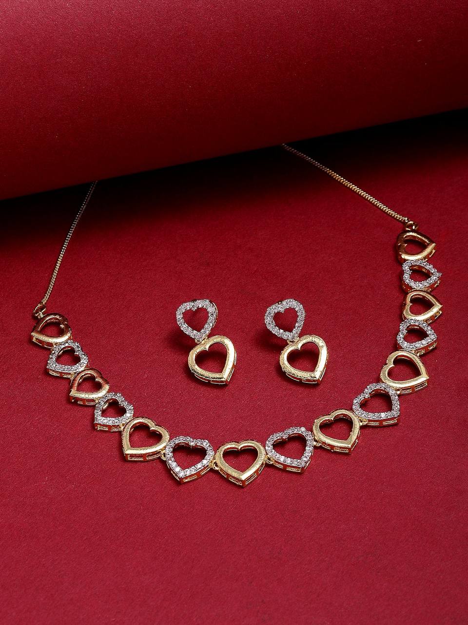 Studded Heart Choker Necklace Double Tone | American Diamond | Small Size | Fine Design Jewelry & Accessories |