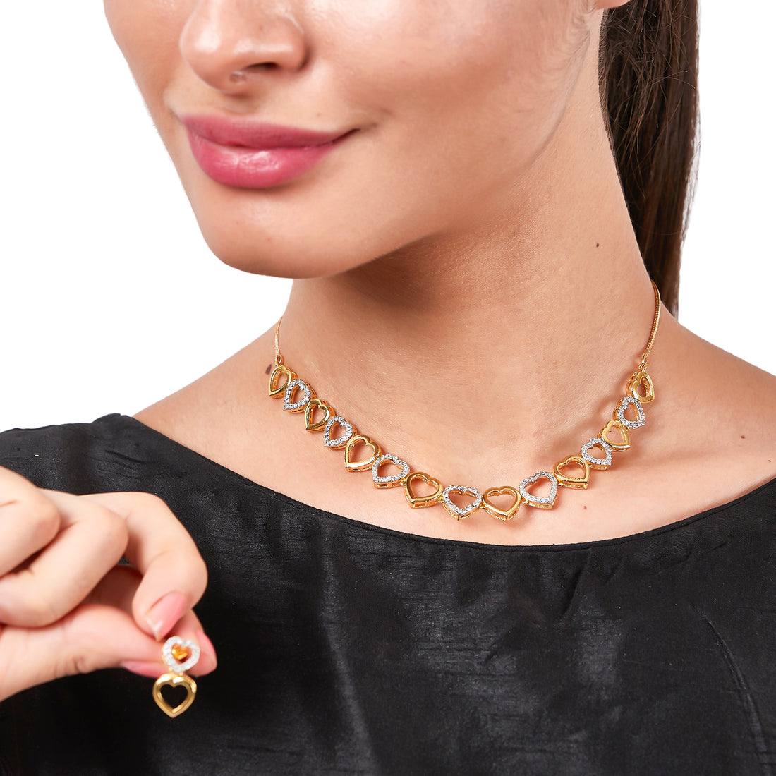 Studded Heart Choker Necklace Double Tone | American Diamond | Small Size | Fine Design Jewelry & Accessories |