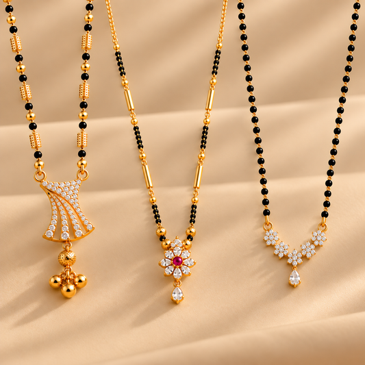 Vaidehi Mangalsutra + Elite V4 + Shreya Black Bead Mangalsutra Combo Set