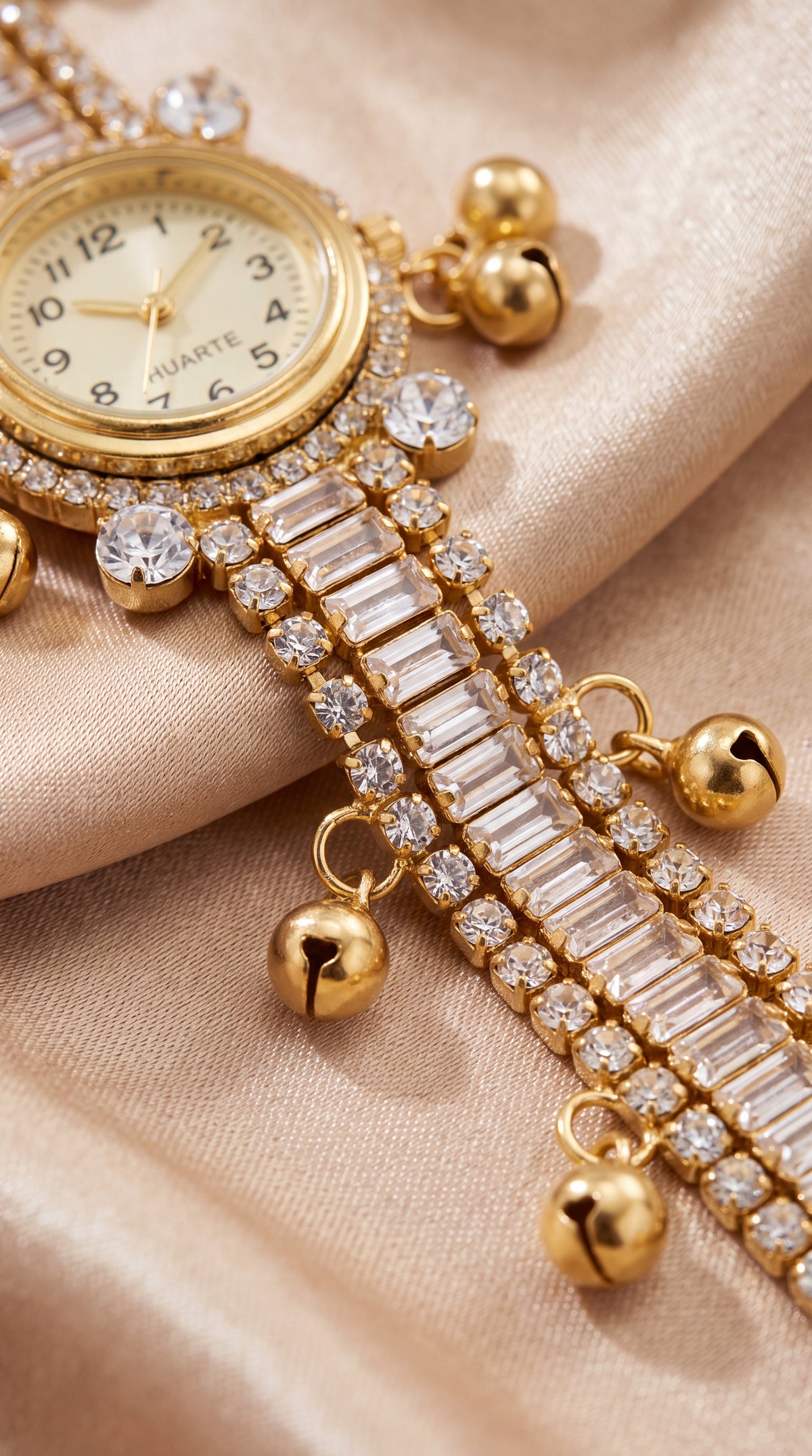 Premium Gold Crystal Studded Bracelet Watch With Bell Charms