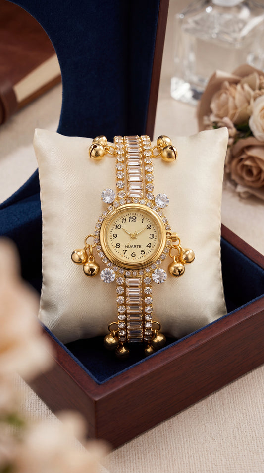 Premium Gold Crystal Studded Bracelet Watch With Bell Charms
