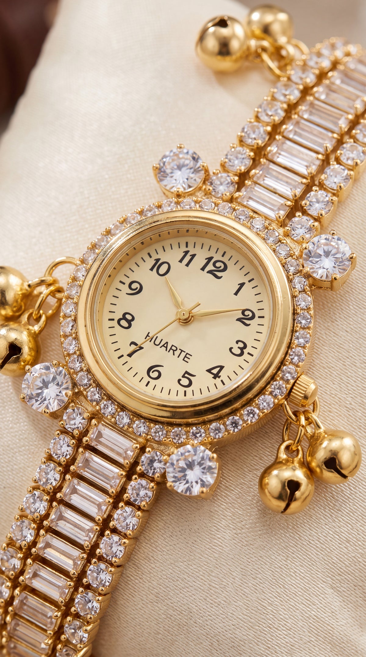 Premium Gold Crystal Studded Bracelet Watch With Bell Charms