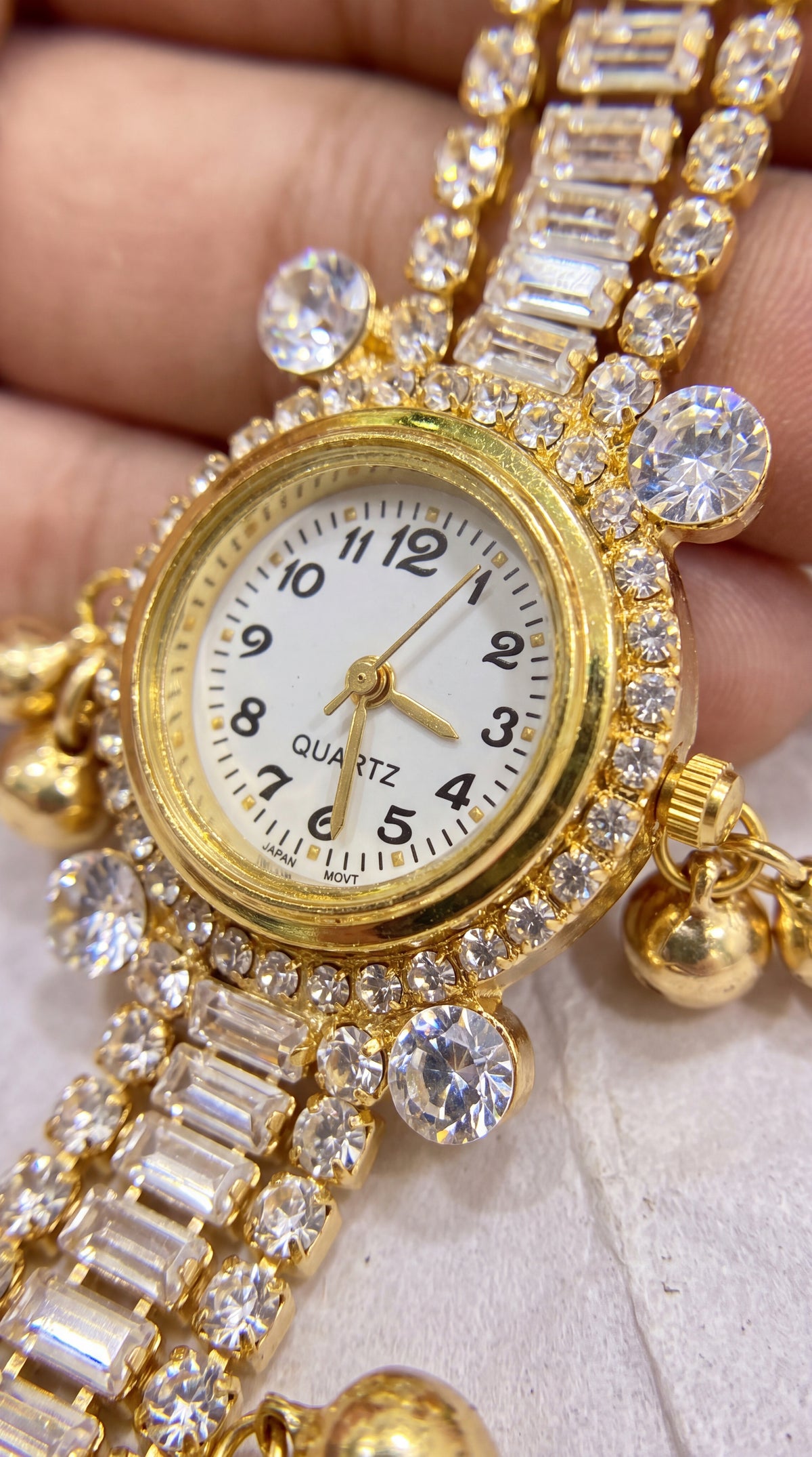 Premium Gold Crystal Studded Bracelet Watch With Bell Charms