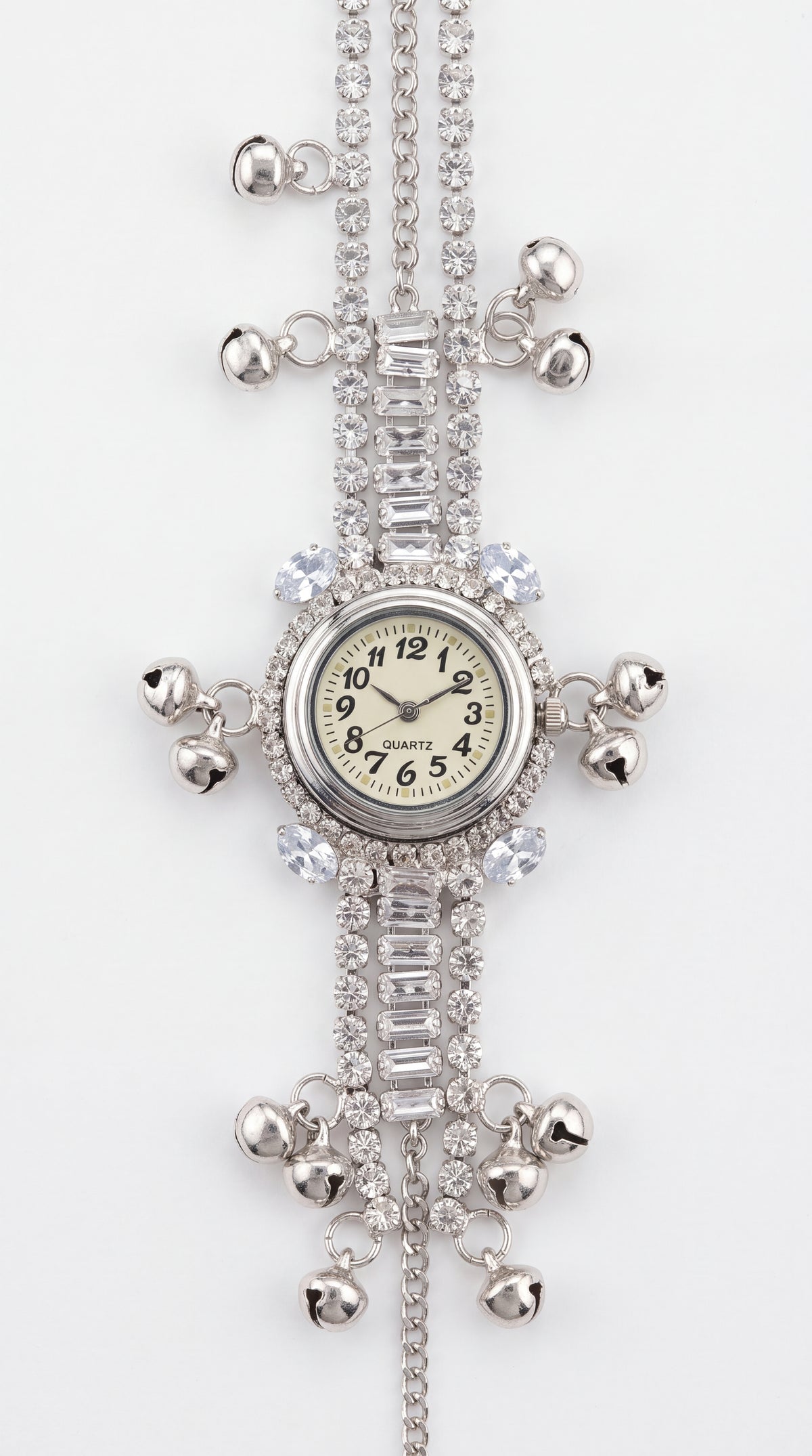 Silver Crystal Studded Bracelet Watch With Bell Charms