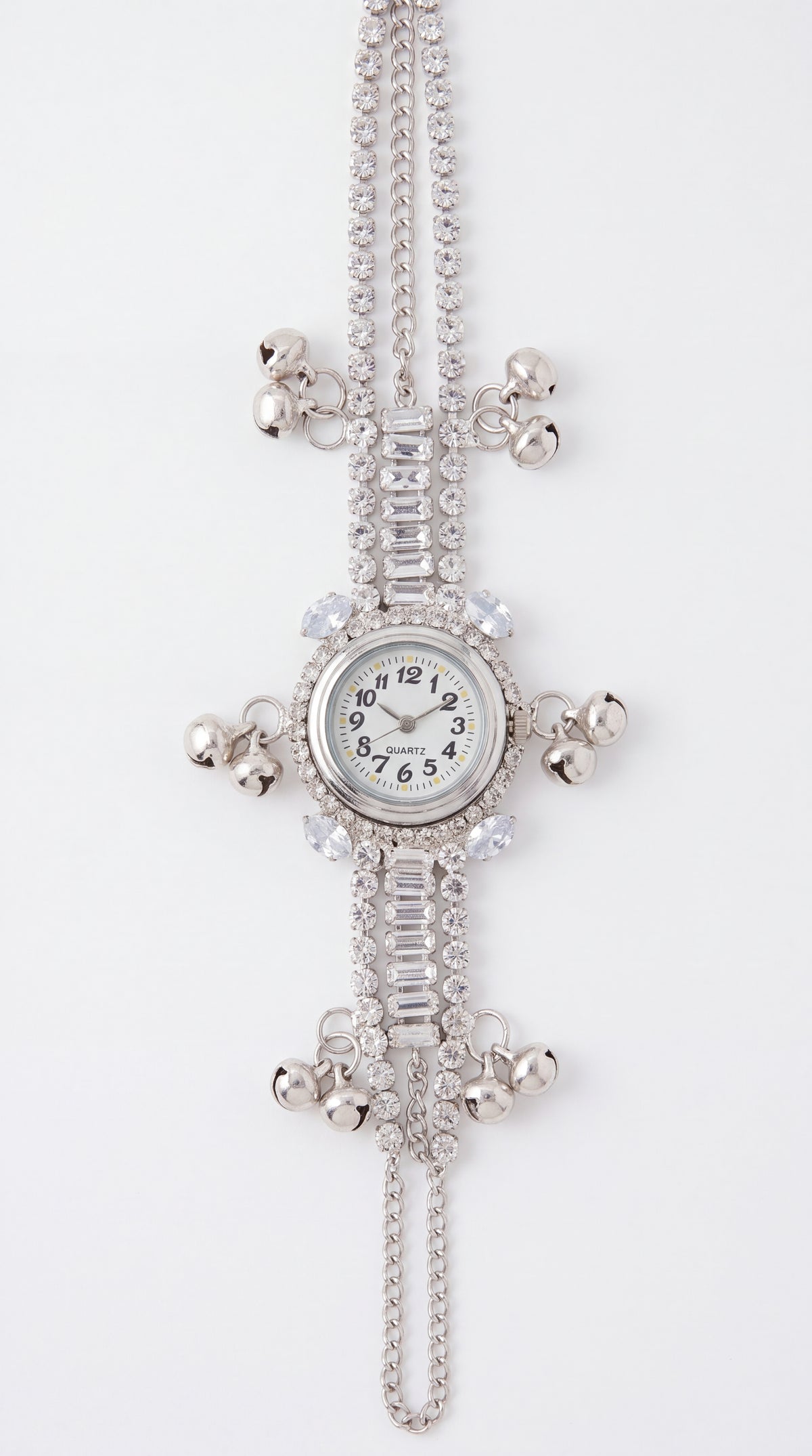 Silver Crystal Studded Bracelet Watch With Bell Charms