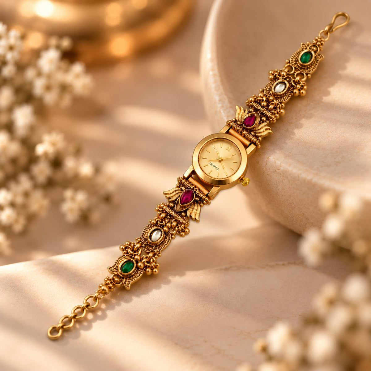 Royal Heritage Multicolour Gemstone Gold-Tone Quartz Watch