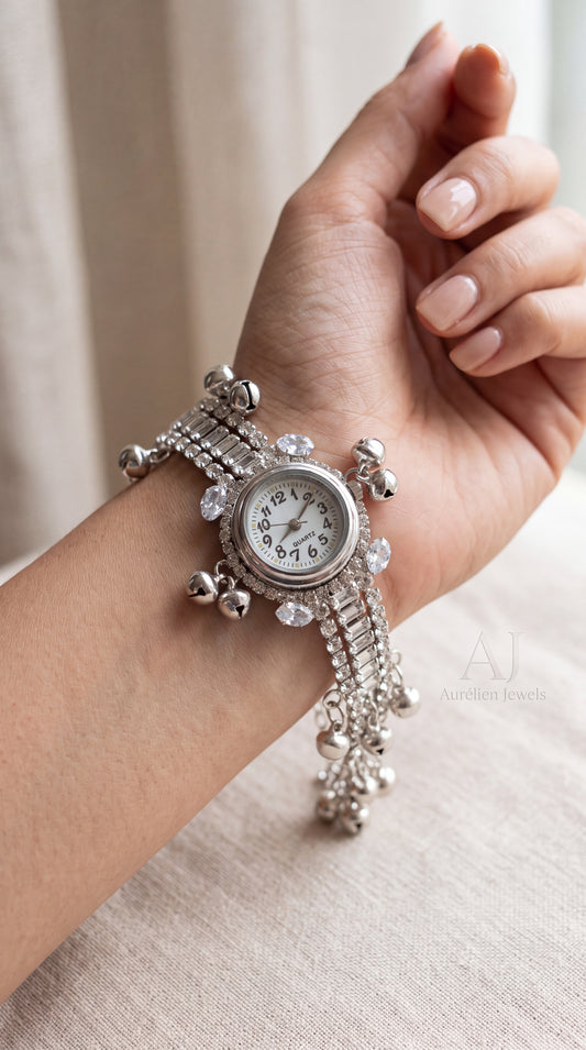 Silver Crystal Studded Bracelet Watch With Bell Charms