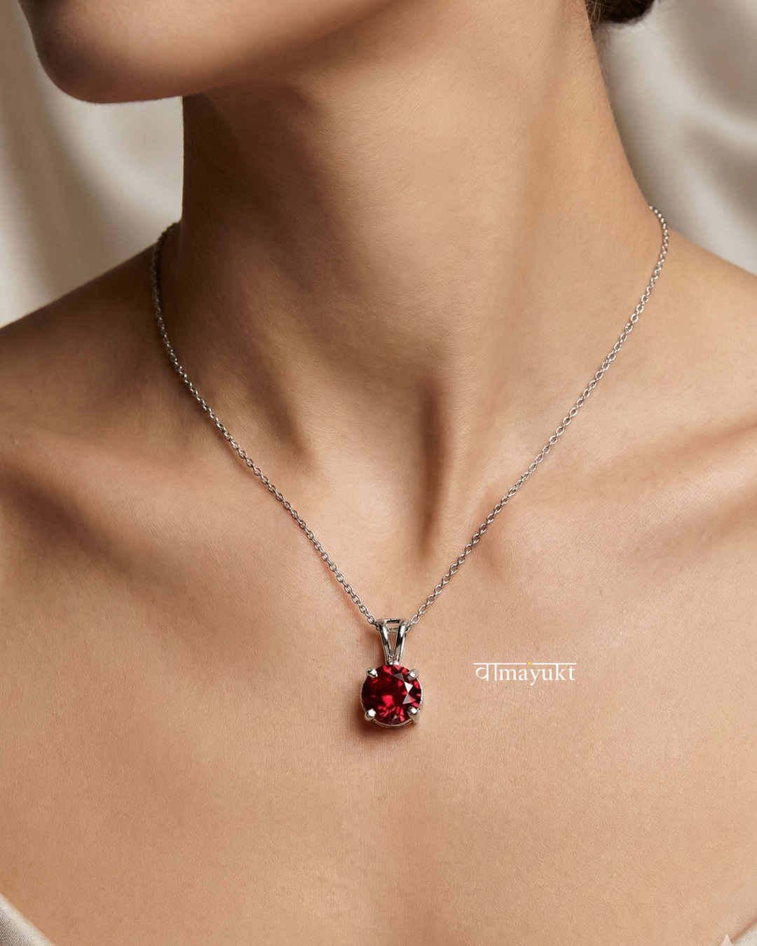 Single Solitaire Ruby Diamond Pendant Chain Silver Plated
